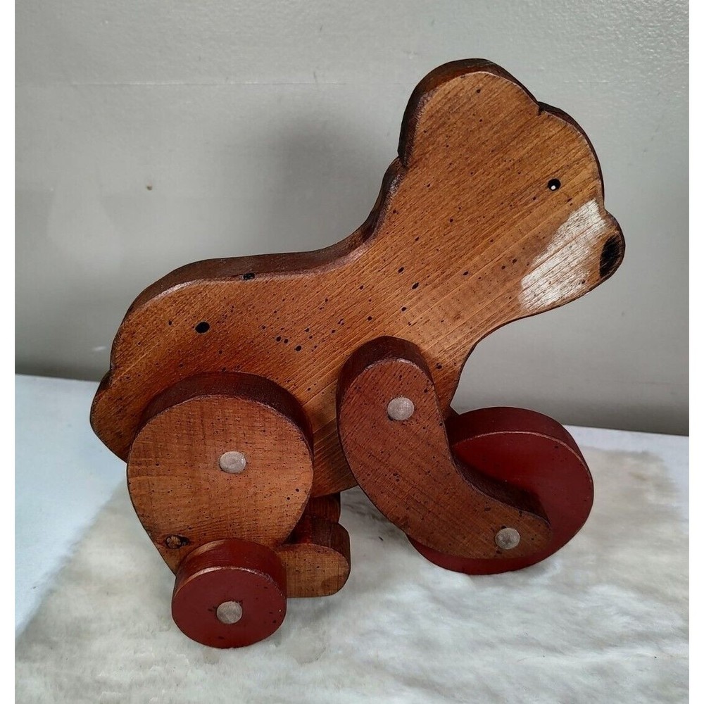 Vtg WOOD Baby BEAR Push Toy Hand Made rustic primitive whimsical lovely …